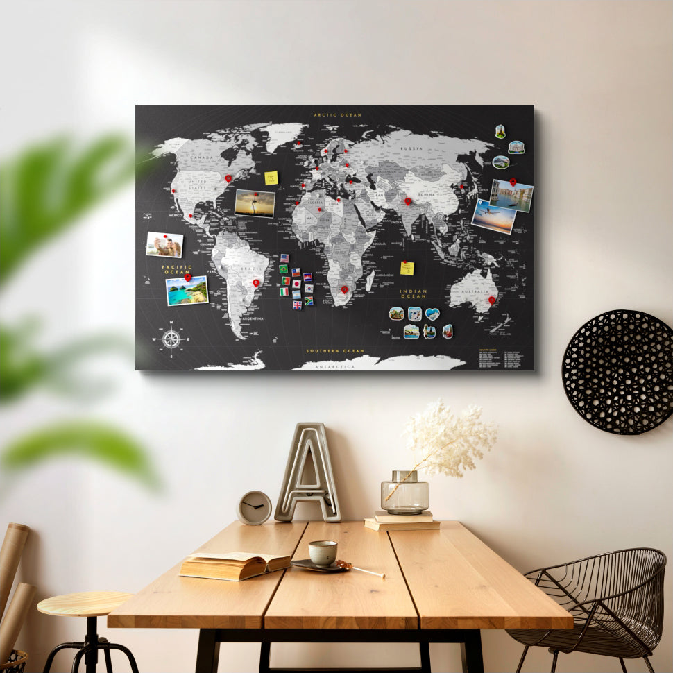 Magnetic Canvas World Map – Black & White Edition